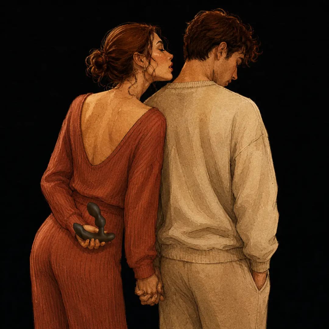 Artwork of a couple holding the Lovense Edge 2 together as she whispers in his ear