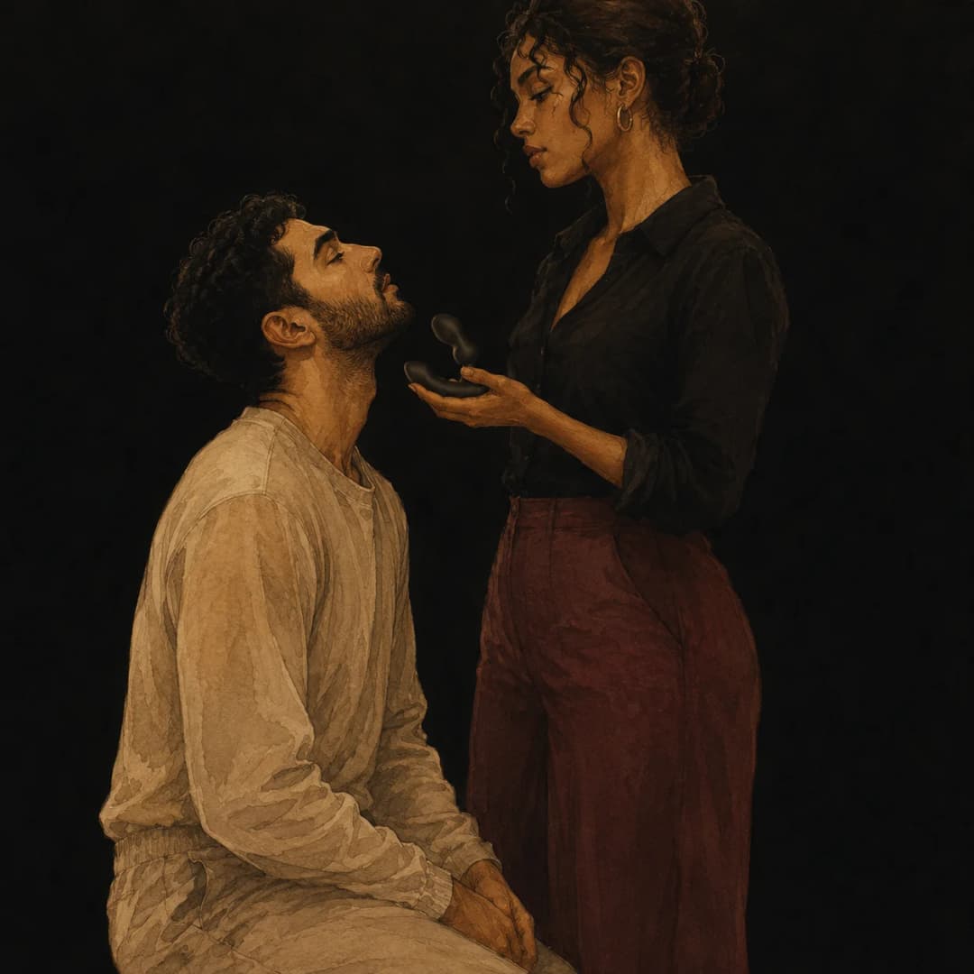 Artwork of a dominant woman holding the Lovense Edge 2 over a kneeling man