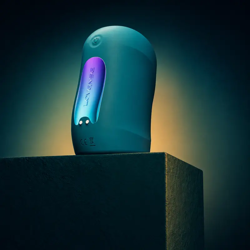 Lovense Gush 2 product image showing its modern hands-free male stroker design