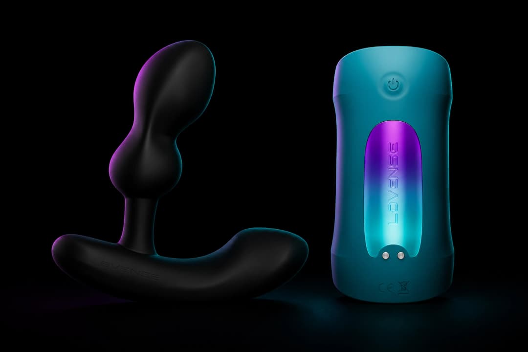 The Lovense Edge 2 beside the Lovense Gush 2, used together for combined prostate and penile stimulation