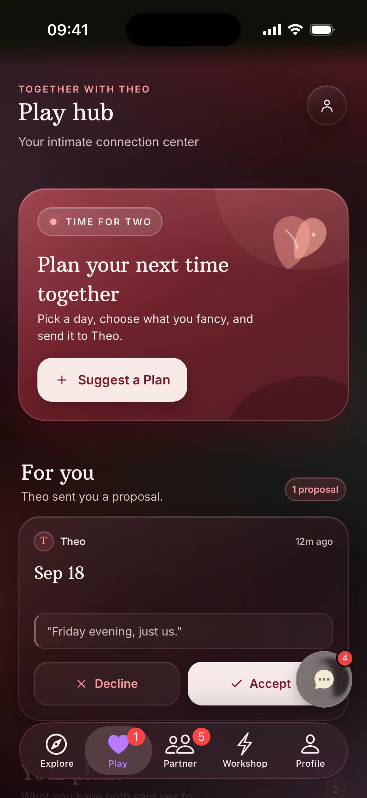 Play hub in BeMoreKinky with a Suggest a Plan button and a proposal for Friday evening