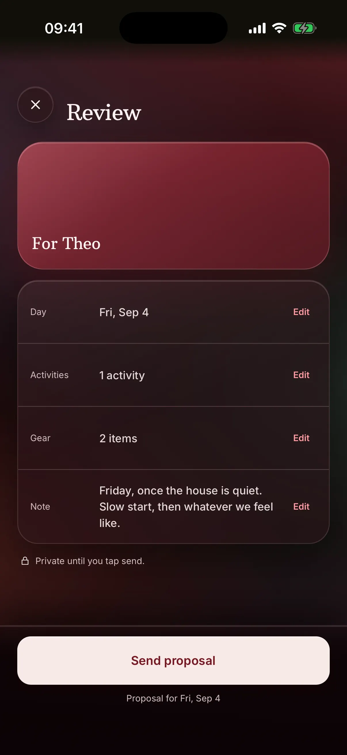 Reviewing a plan in BeMoreKinky with a day, one activity and a note before sending