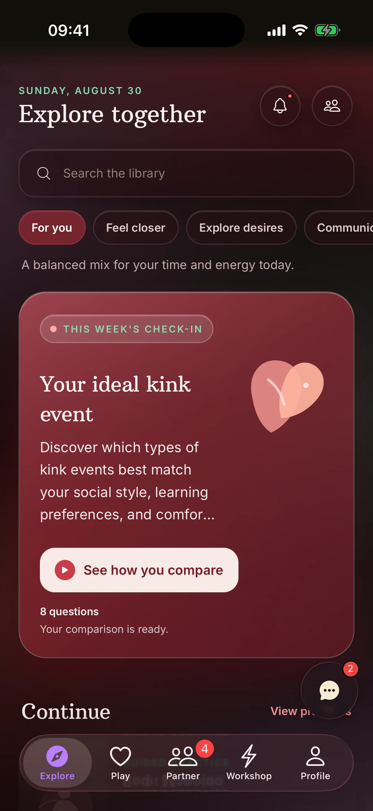 Redesigned Home screen with intent controls, a weekly check-in and Continue section