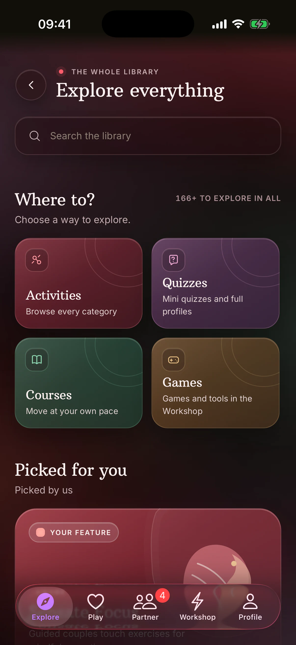 Explore library with search, intent filters and content categories