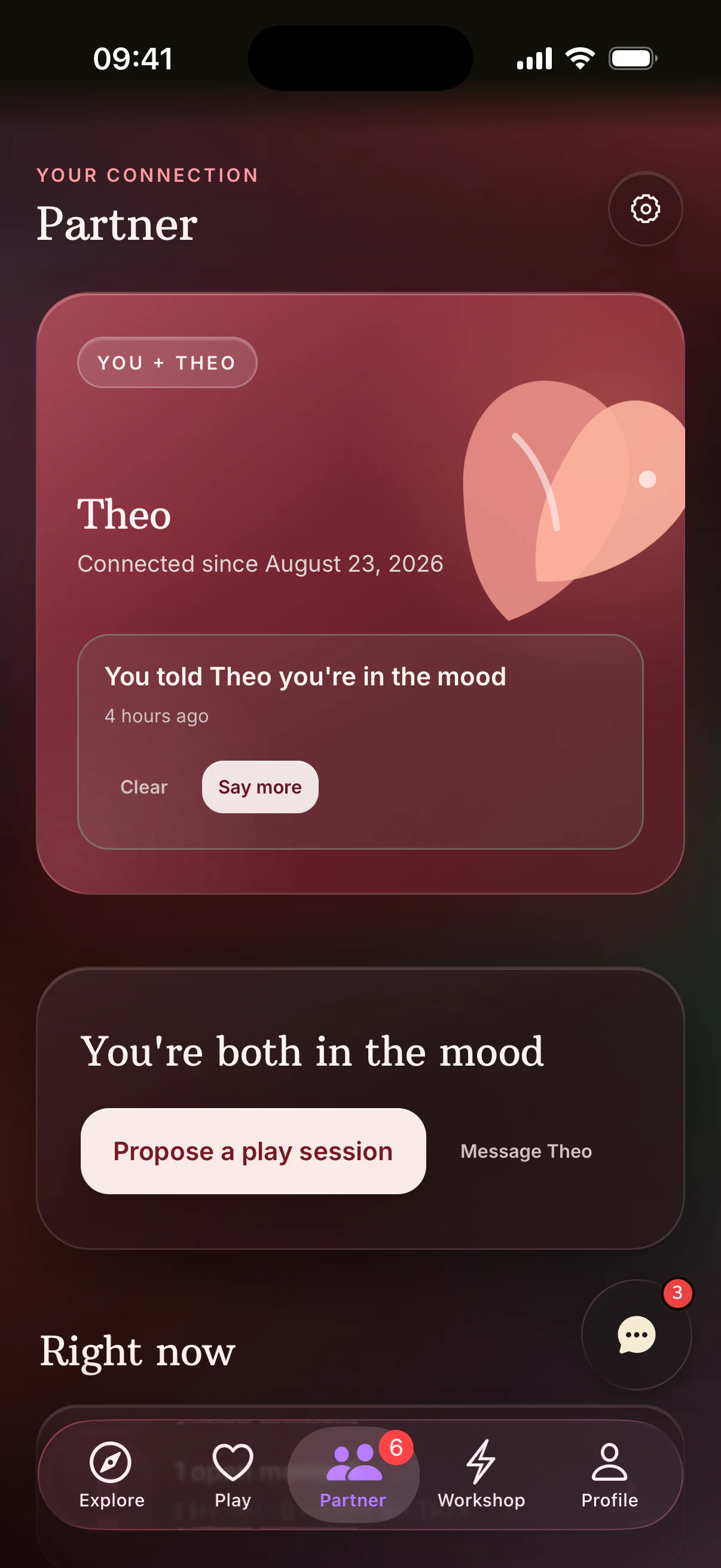Partner hub showing Theo, an In the Mood check-in and a prompt to propose a play session