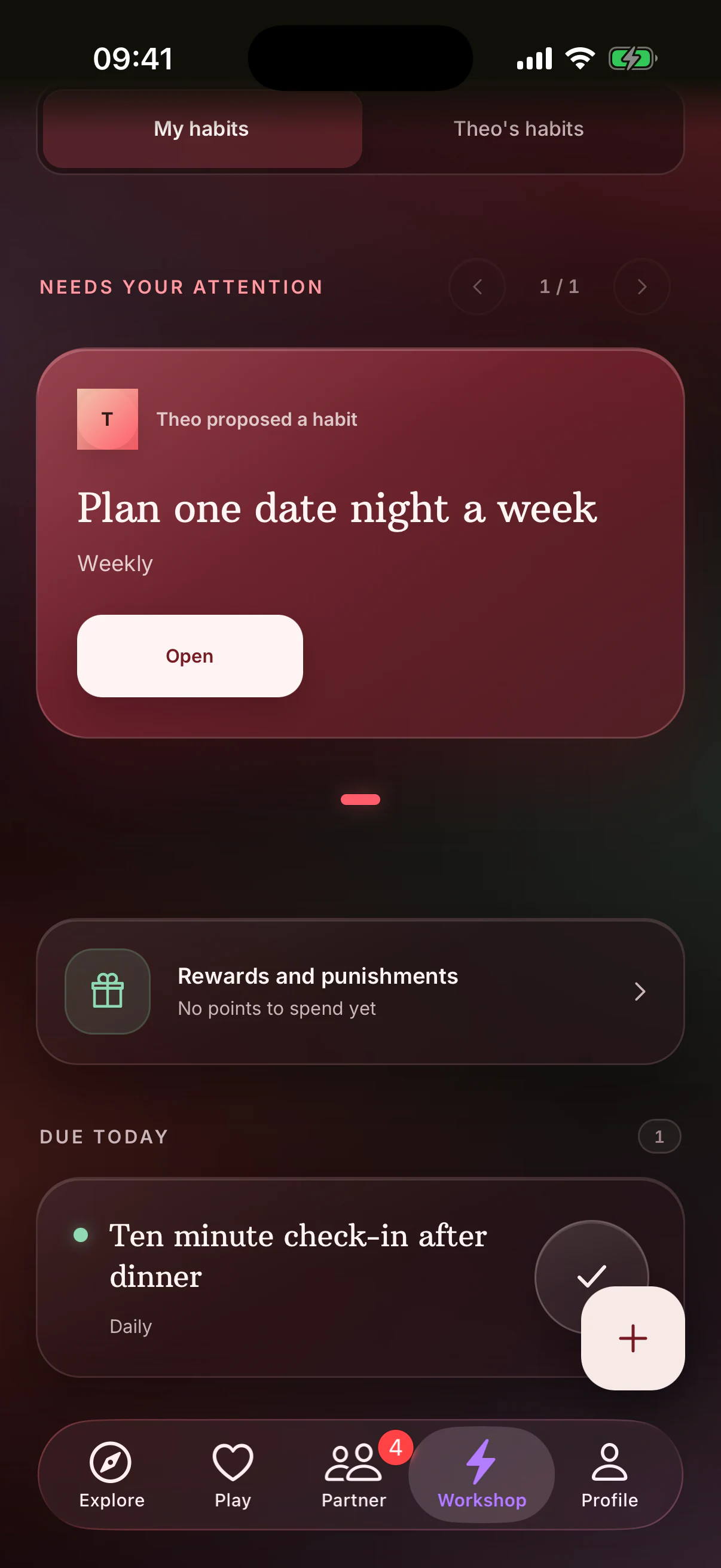 Habits dashboard with an active habit and a pending partner proposal