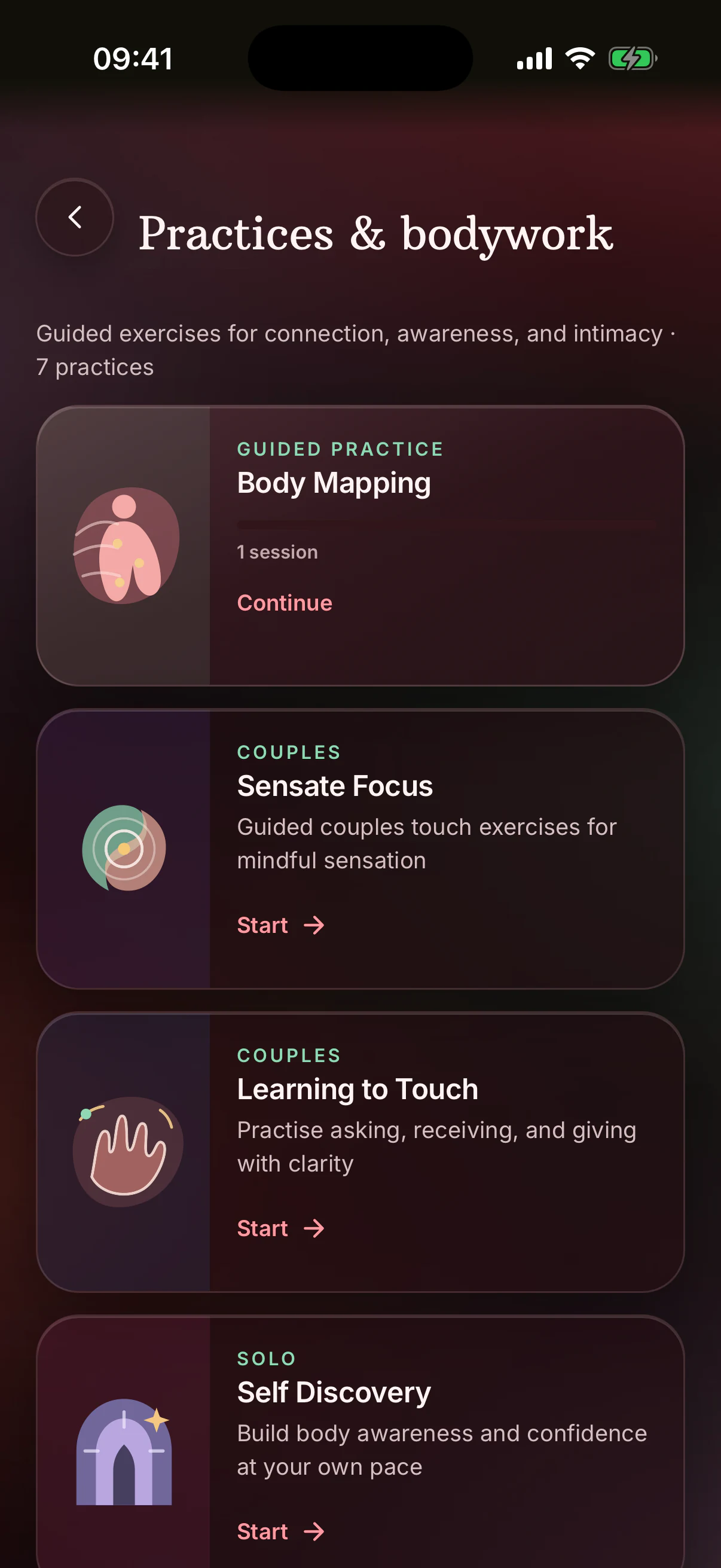 Guided Practices and Bodywork library with relationship exercises