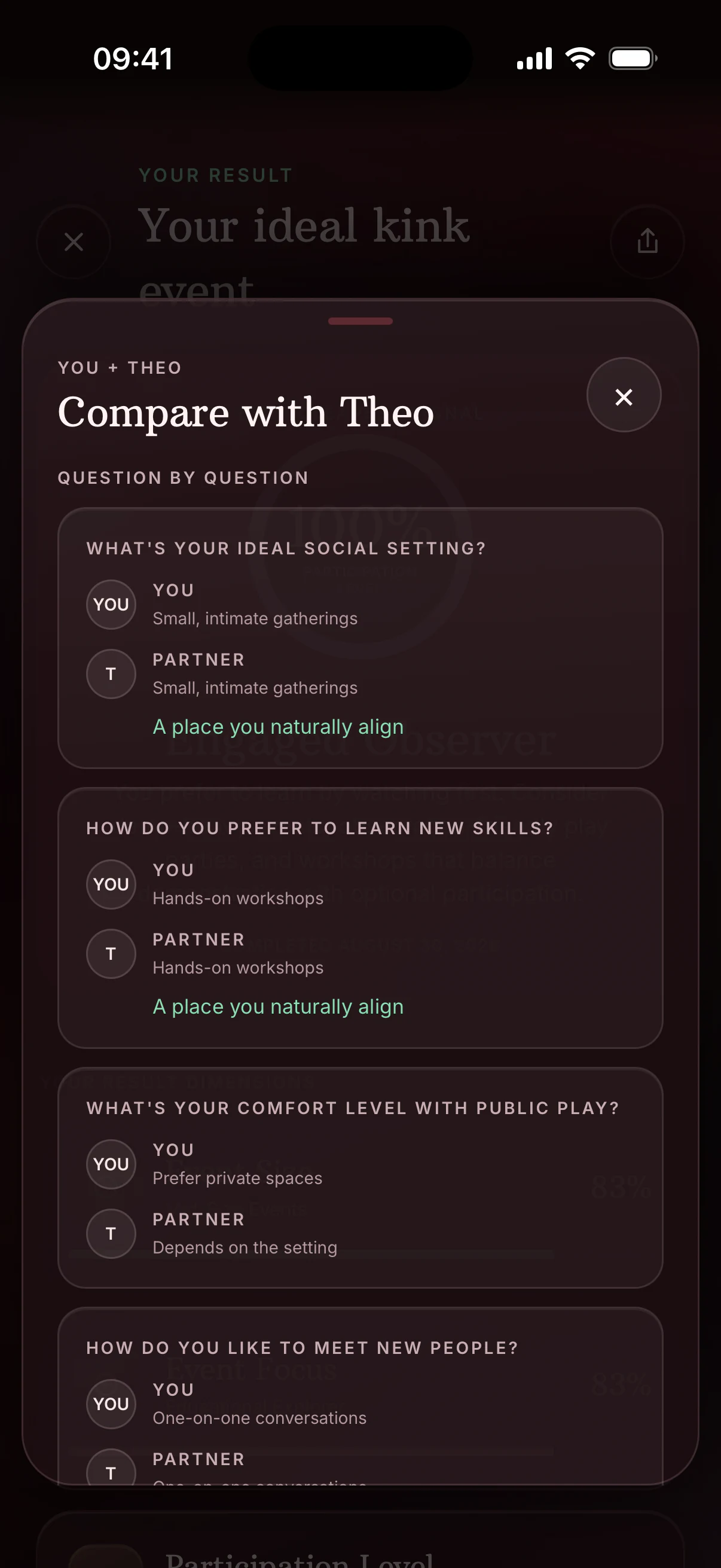Quiz comparison overlay showing answers from you and Theo question by question after both completed the quiz