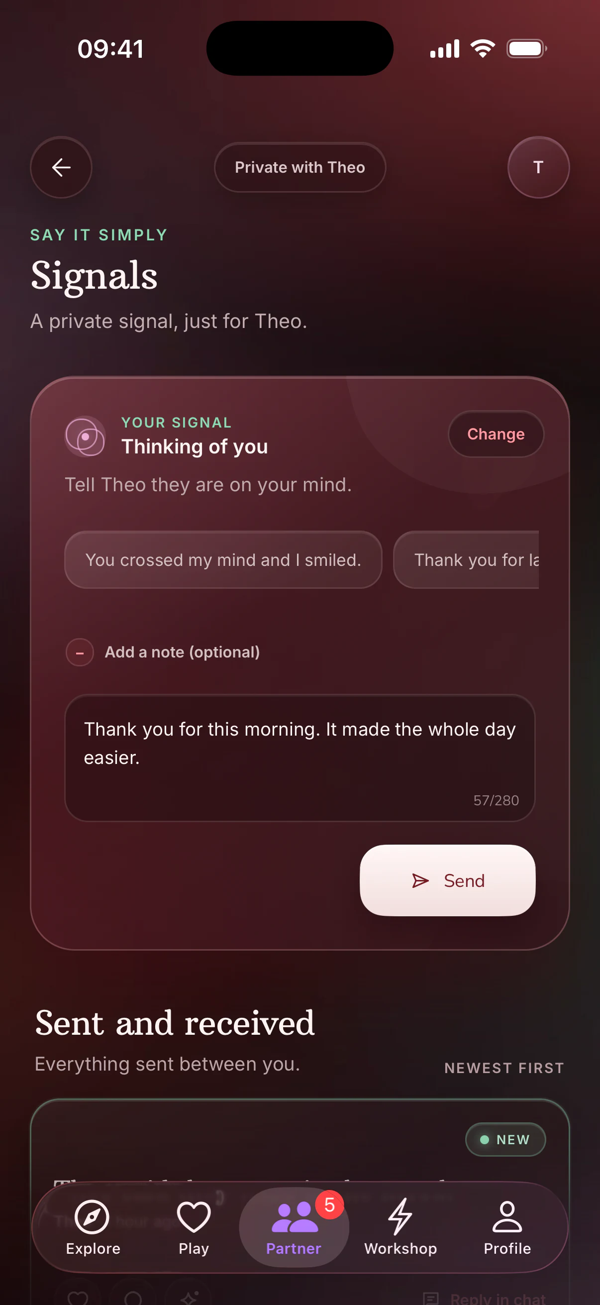 Signals composer for a private Thinking of you message to Theo with an optional note