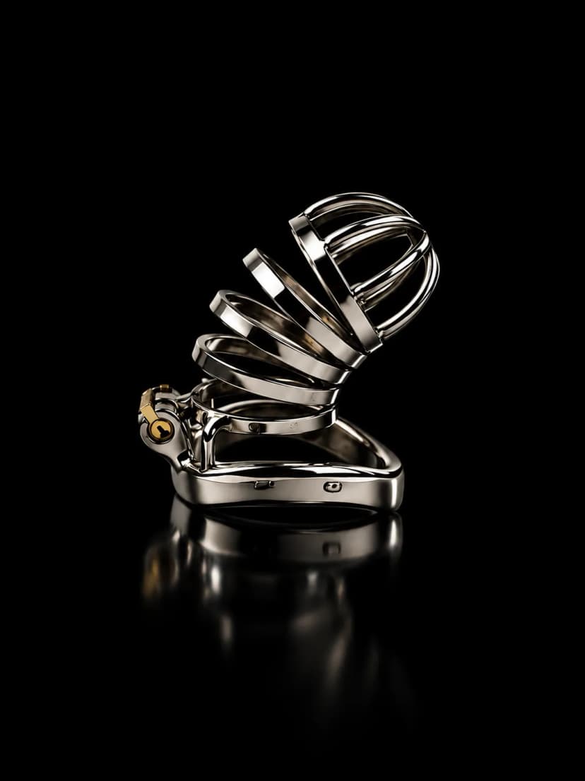 Lockd Tightly Packed steel chastity cage with its built-in lock, shown on a black background