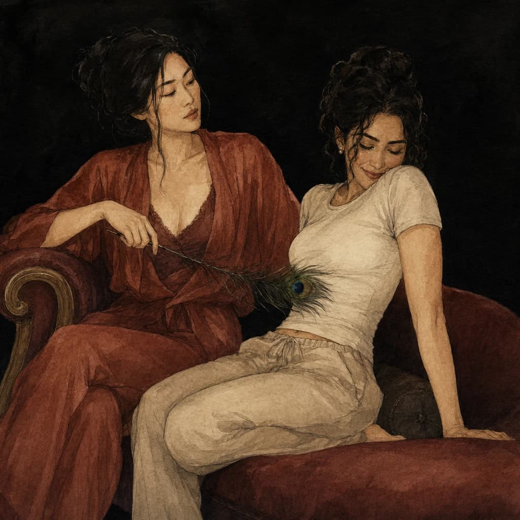 Woman teasing her laughing partner with a peacock feather on a sofa