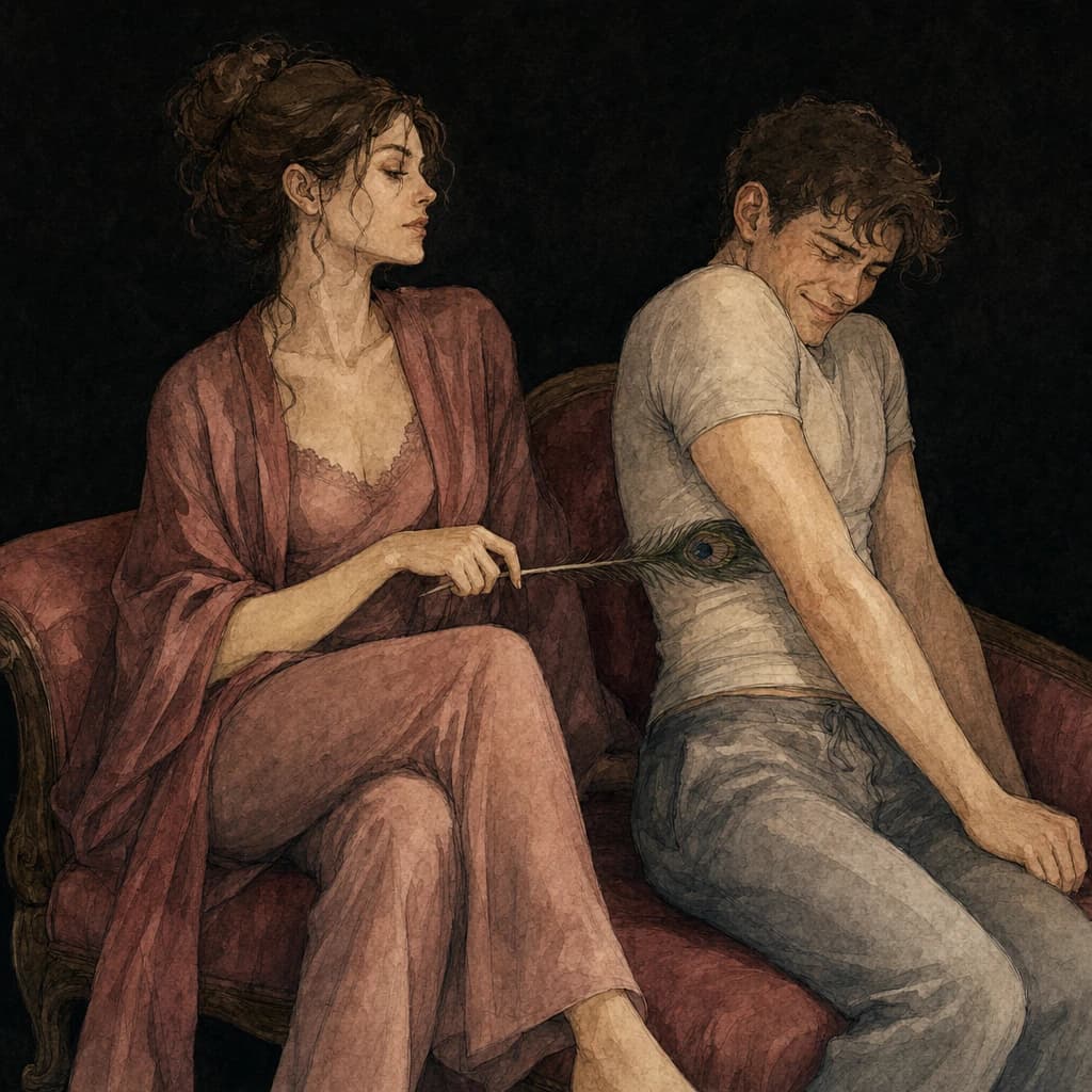 Woman tickling a man with a feather as they laugh together