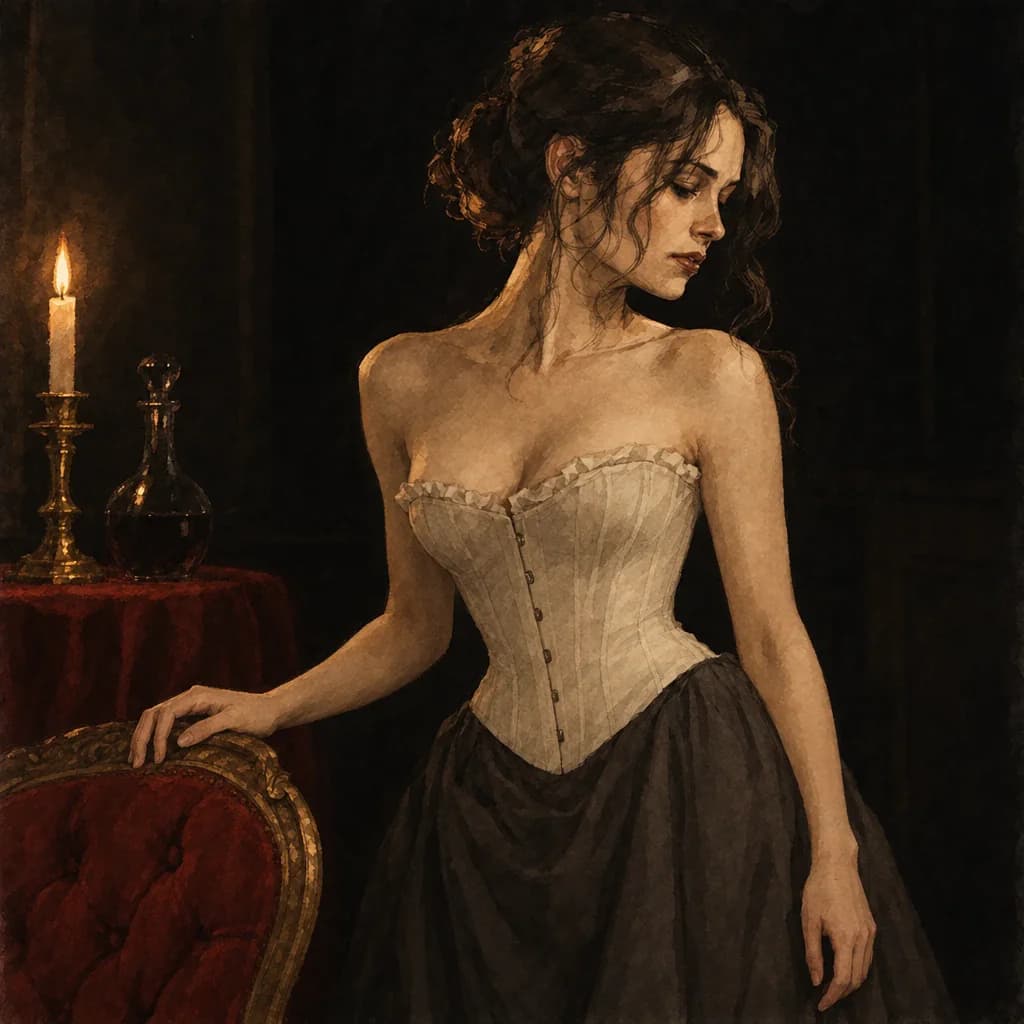 partner wearing a laced corset as roleplay lingerie showing proper boning and back gap fit