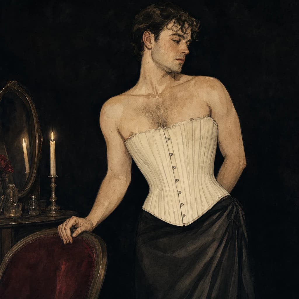 Submissive laced into a corset during feminization-focused sissy training wardrobe practice
