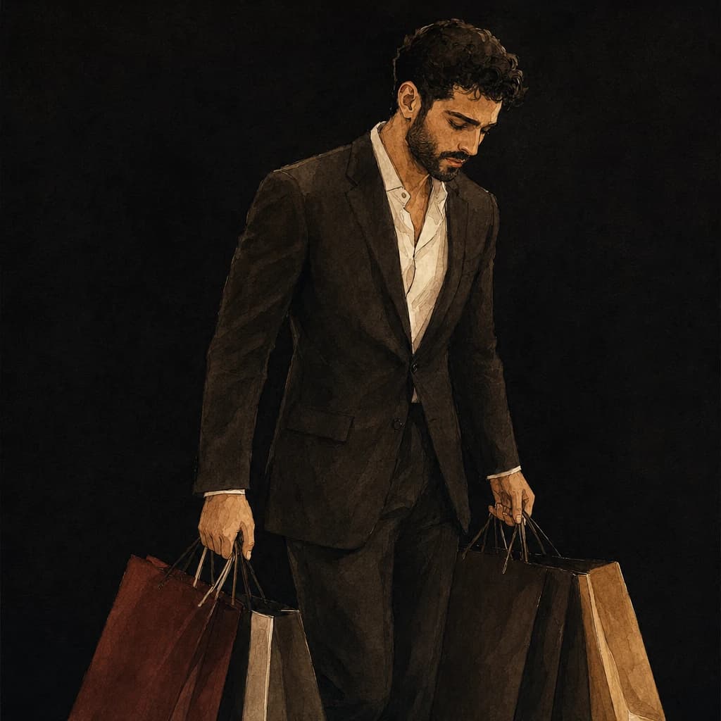 Man in a suit carrying an armful of shopping bags
