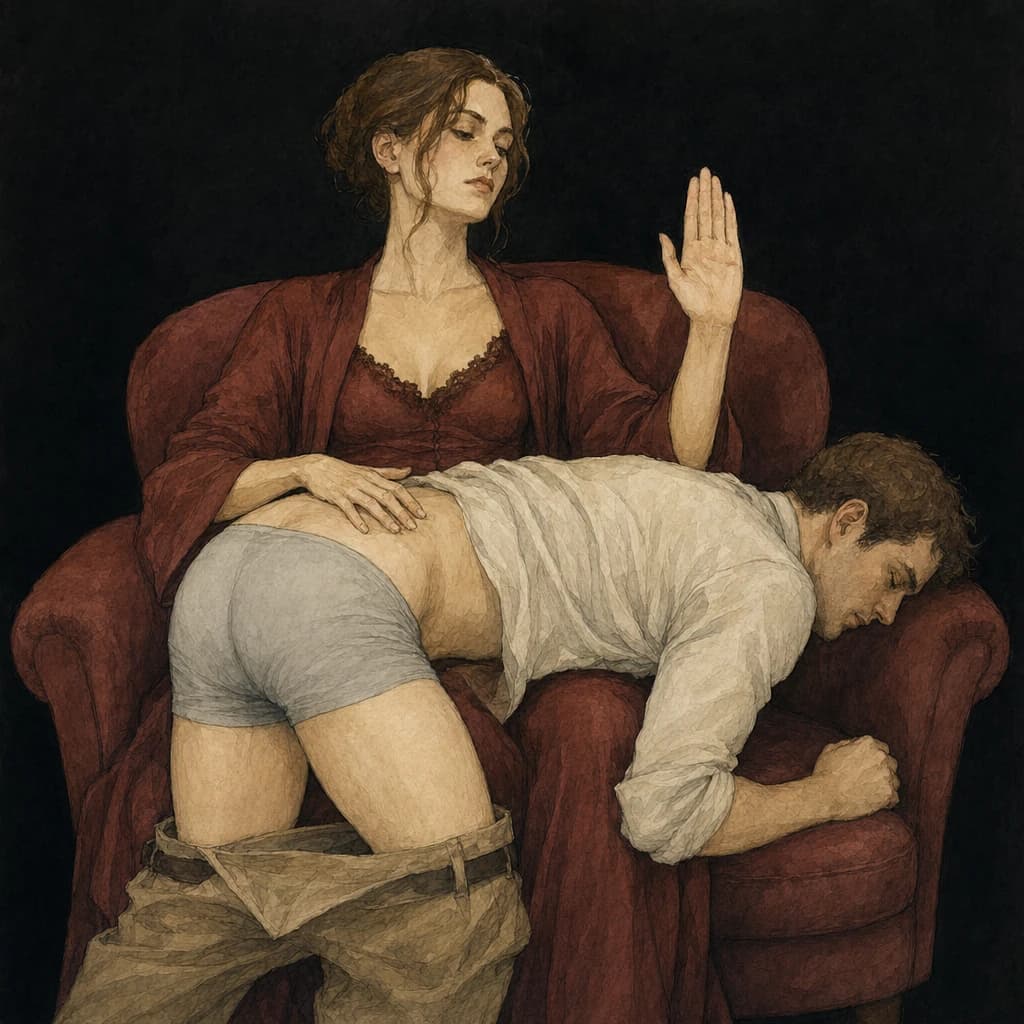 Bare-bottom F/M spanking illustrating the over-the-knee position with a woman disciplining a man
