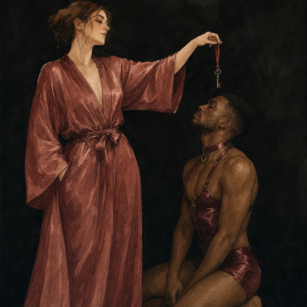Woman in a silk robe dangling a key on a ribbon above her kneeling partner