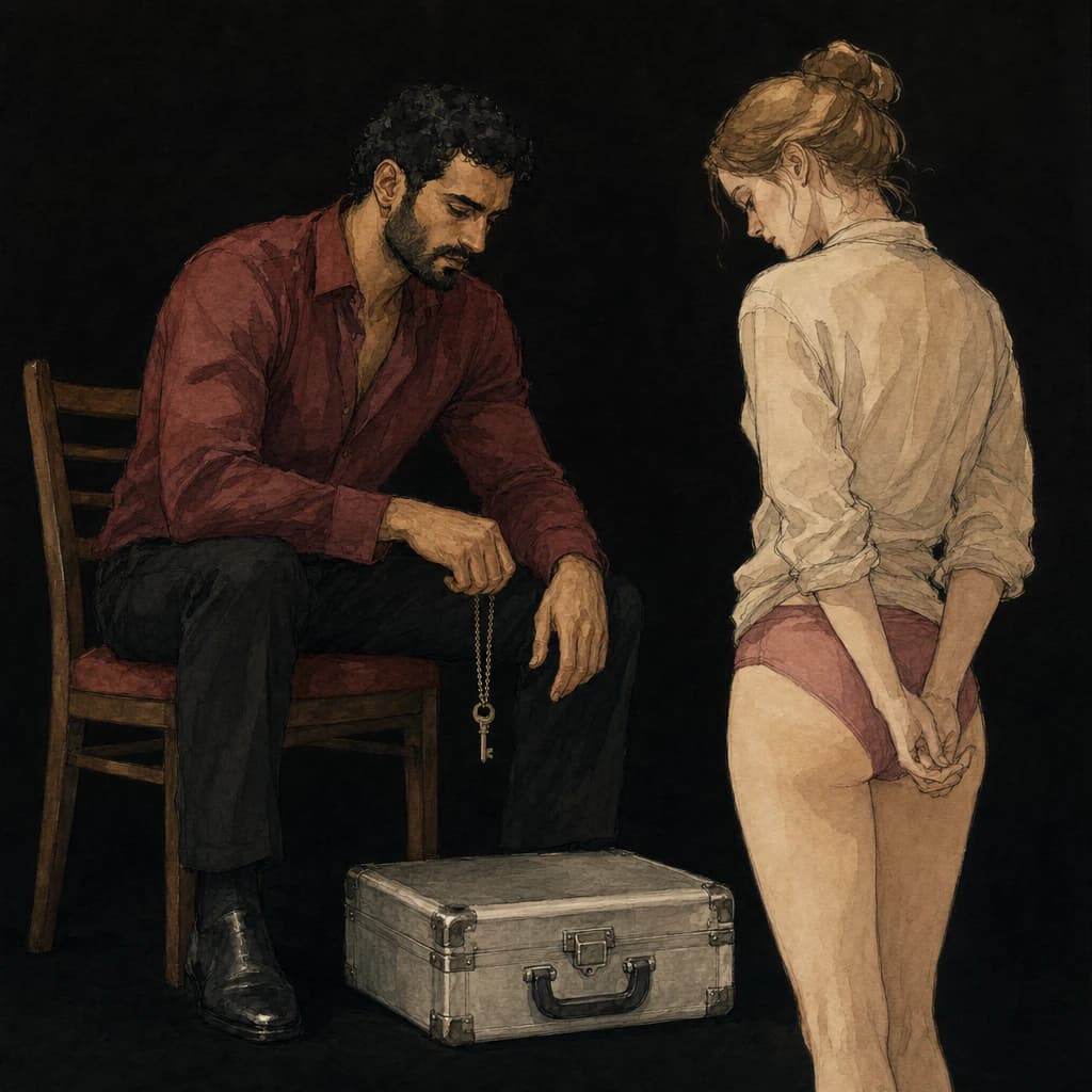 Male sub locked in a chastity device kneeling before his keyholder partner