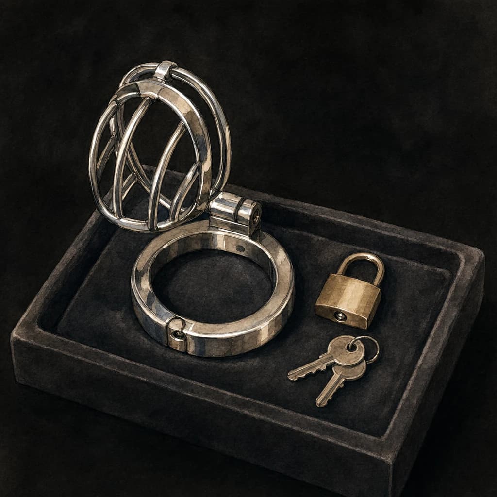 Steel chastity cage with an open padlock and two small keys on a black velvet tray