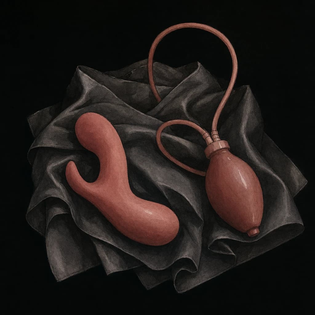 A wearable strap-on dildo attaches to a harness for hands-free thrusting