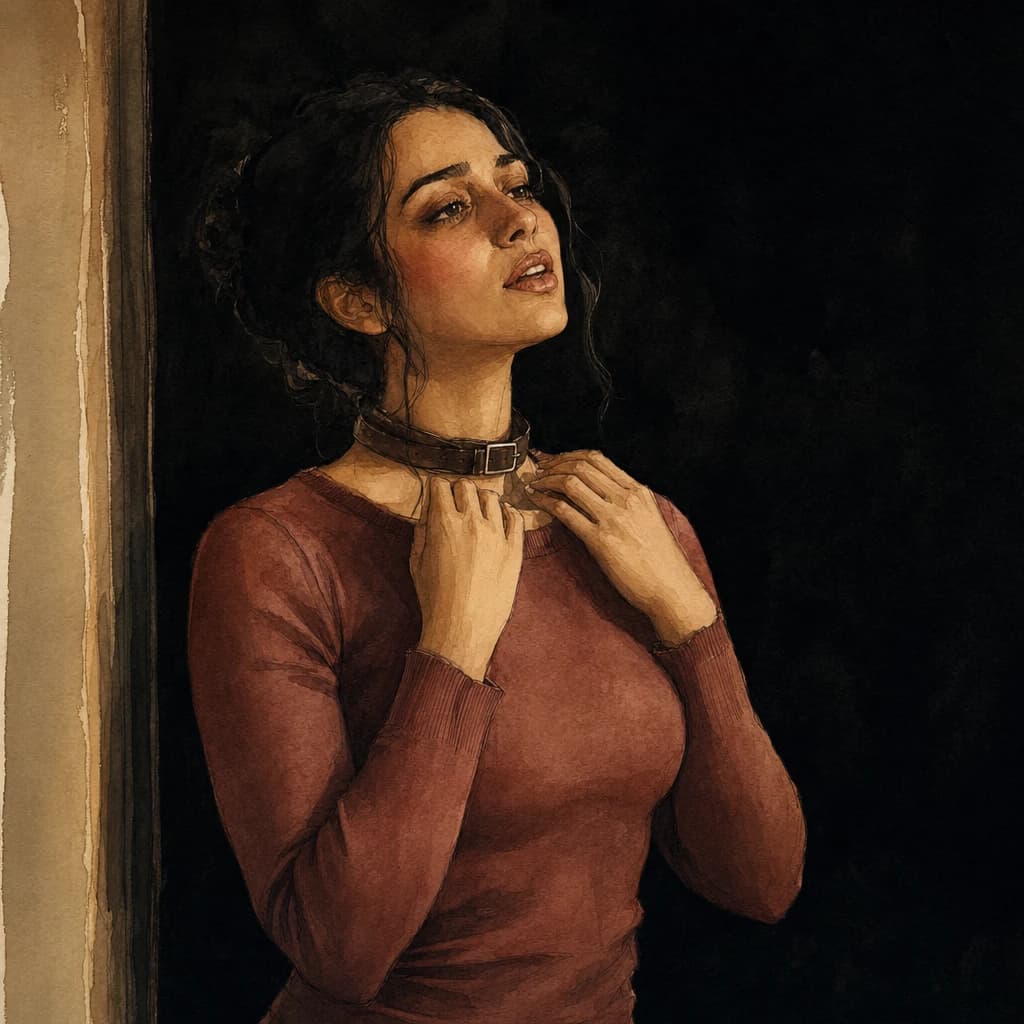 Woman alone by a doorway touching the leather collar around her neck