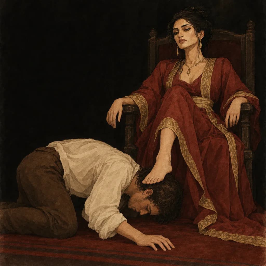 Man kissing and licking a woman's feet in devoted foot worship