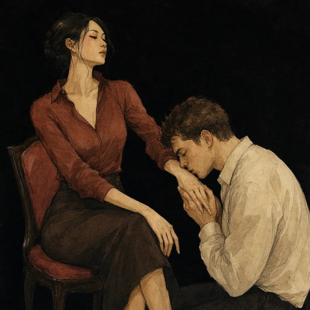 Man kneeling to kiss the hand of a woman seated in a chair