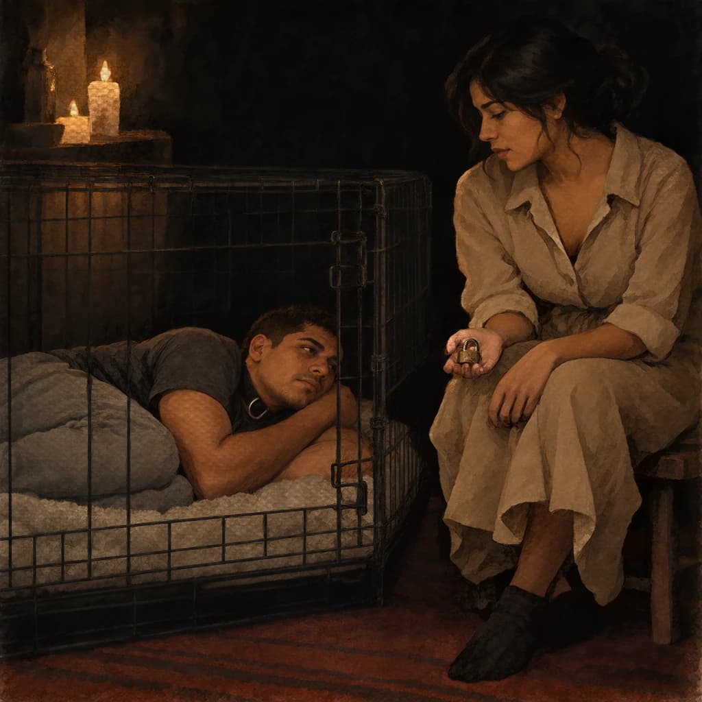 A man resting on a blanket inside a cage while his partner sits beside it holding the padlock