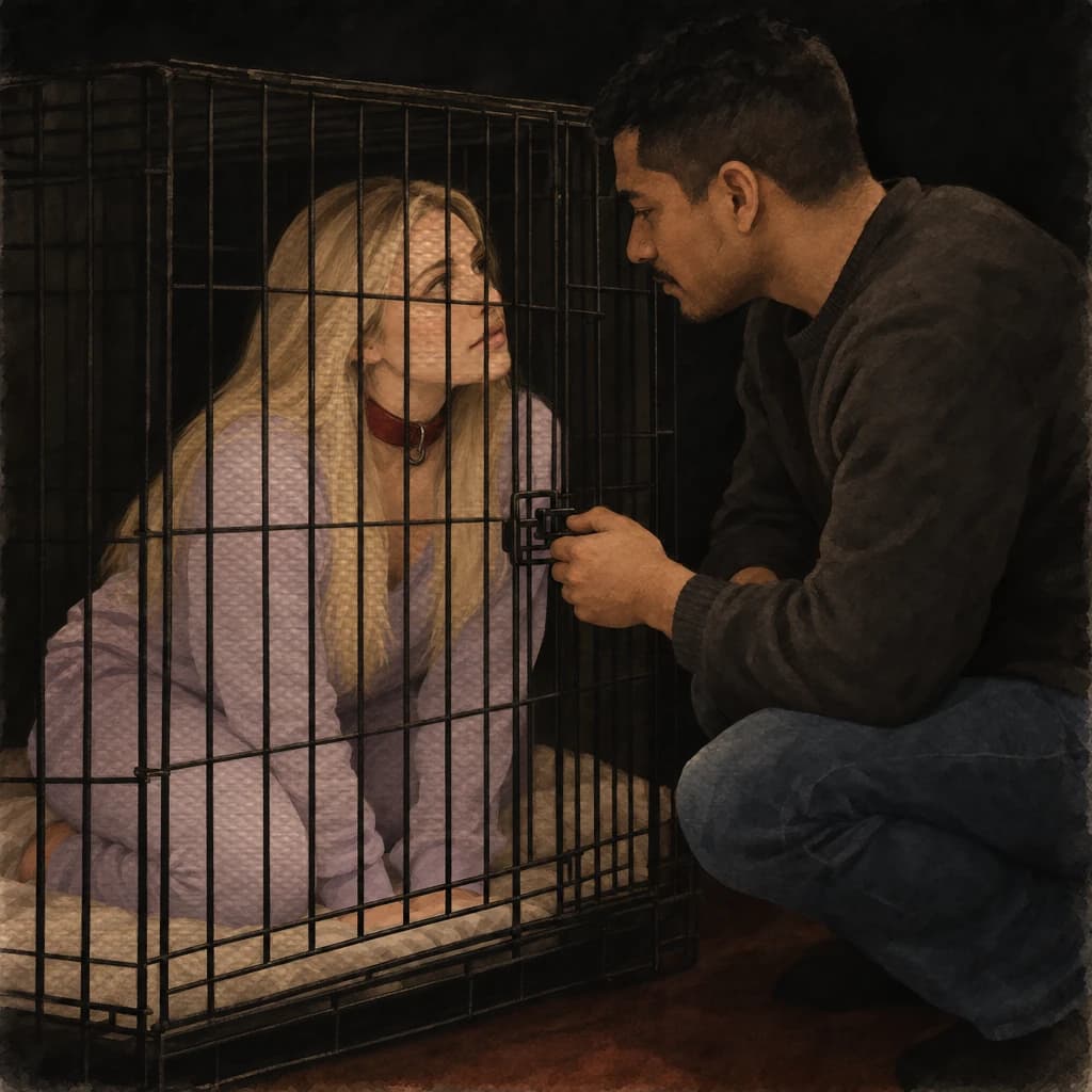 A collared woman kneeling inside a pet crate while her partner crouches at the latch