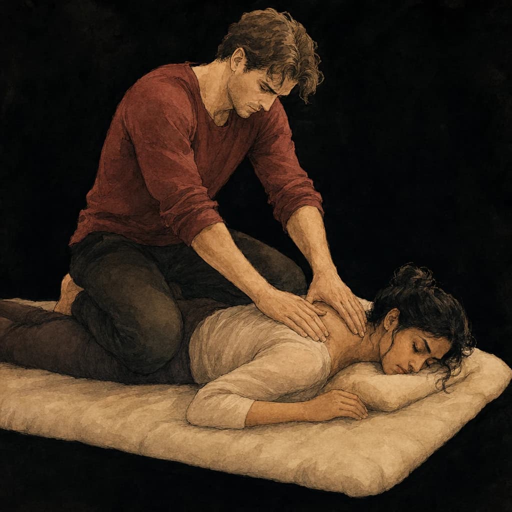 Dominant partner offering firm, reassuring touch to balance control with care during bedroom power exchange