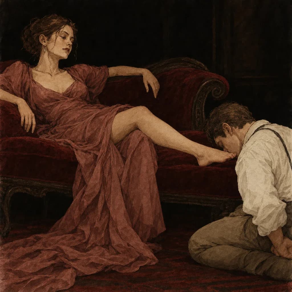 Man sucking a woman's toes during oral foot worship play