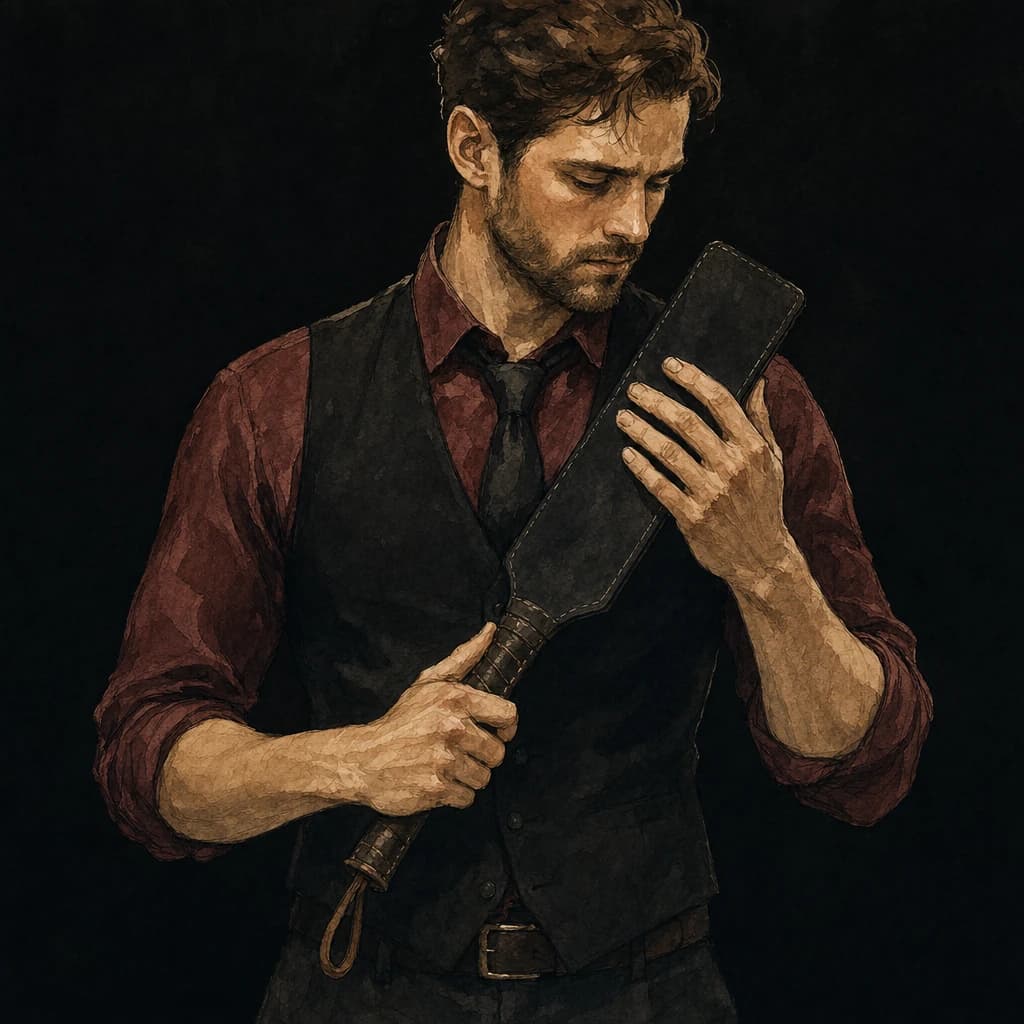 Dominant delivering leather paddle swats as a BDSM physical punishment idea for impact play