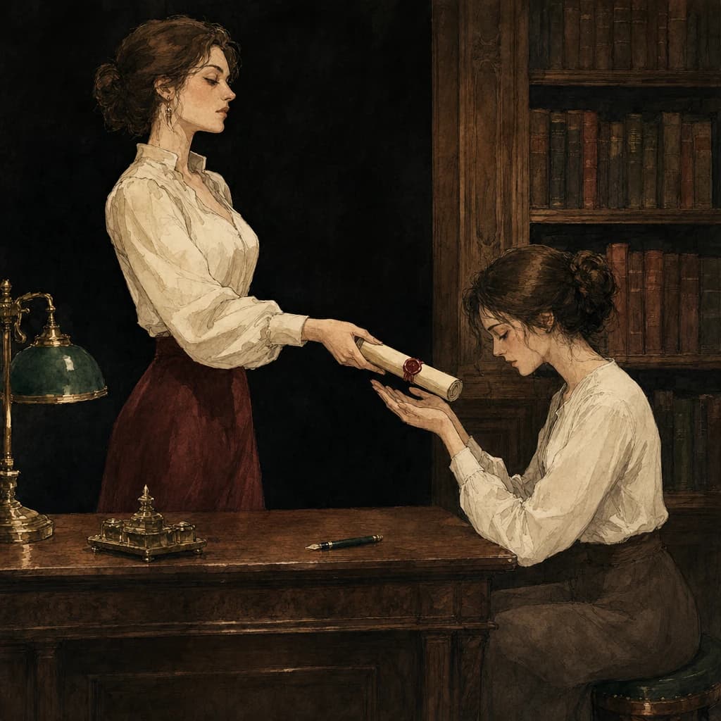 Woman handing a sealed scroll to her partner across a desk