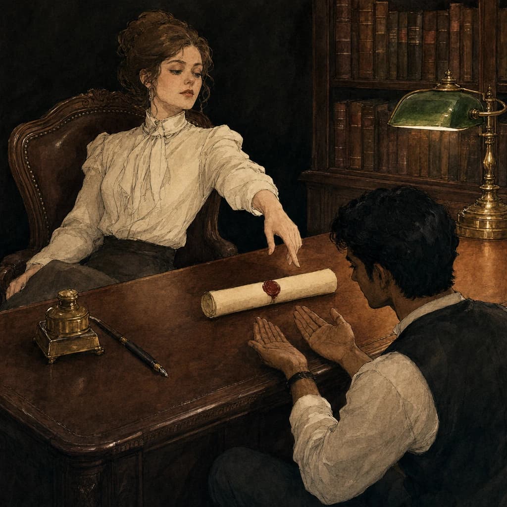 Woman at a desk sliding a sealed scroll toward her partner