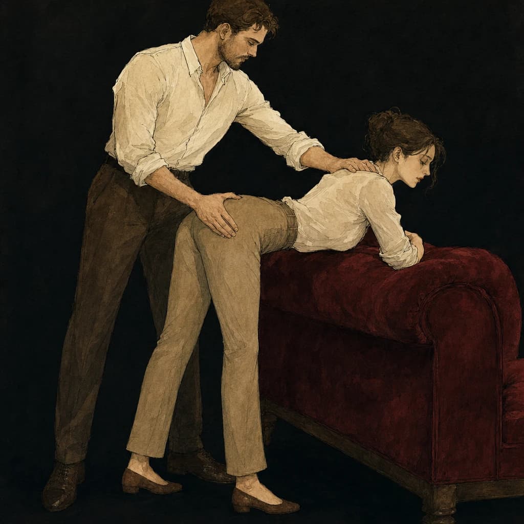 taboo therapist roleplay guiding a patient into a bent-over-couch position during the office scene