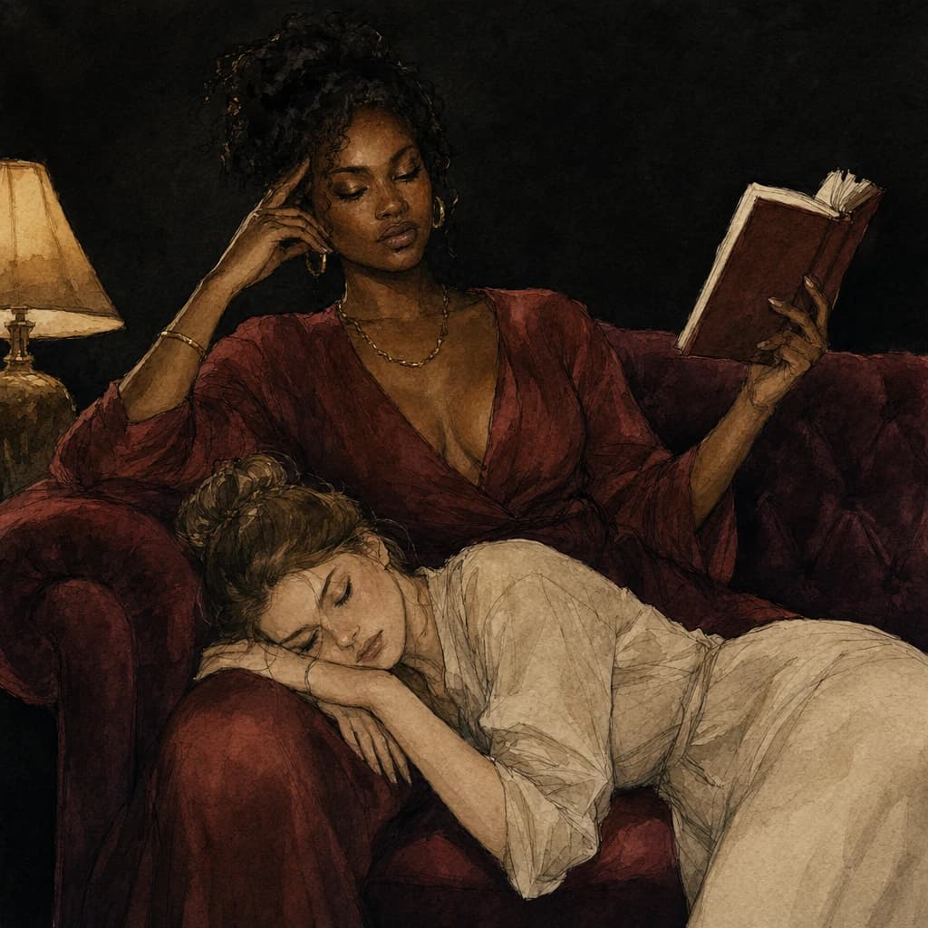 Woman reading on a sofa while her partner sleeps with her head in her lap