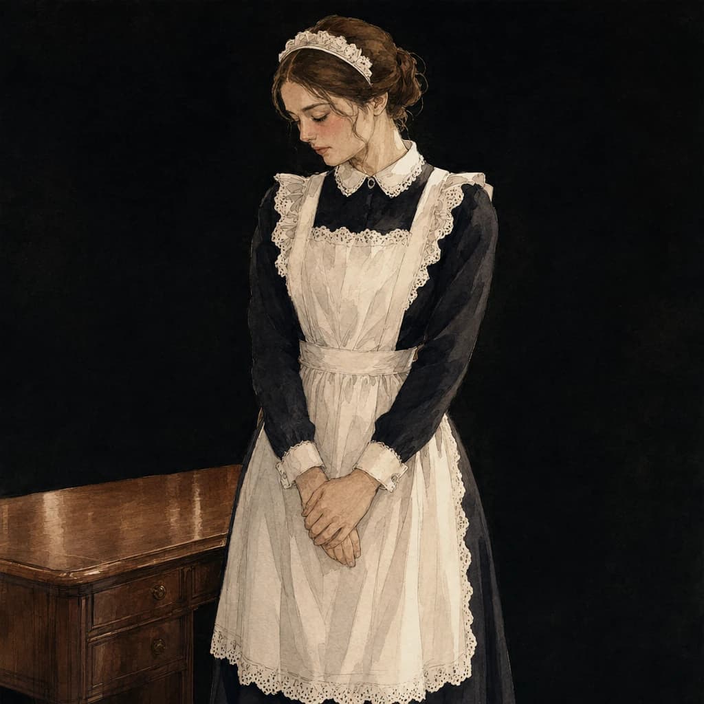 Woman cast as a good little maid in a consensual roleplay she directs herself, owning the patriarchal set dressing