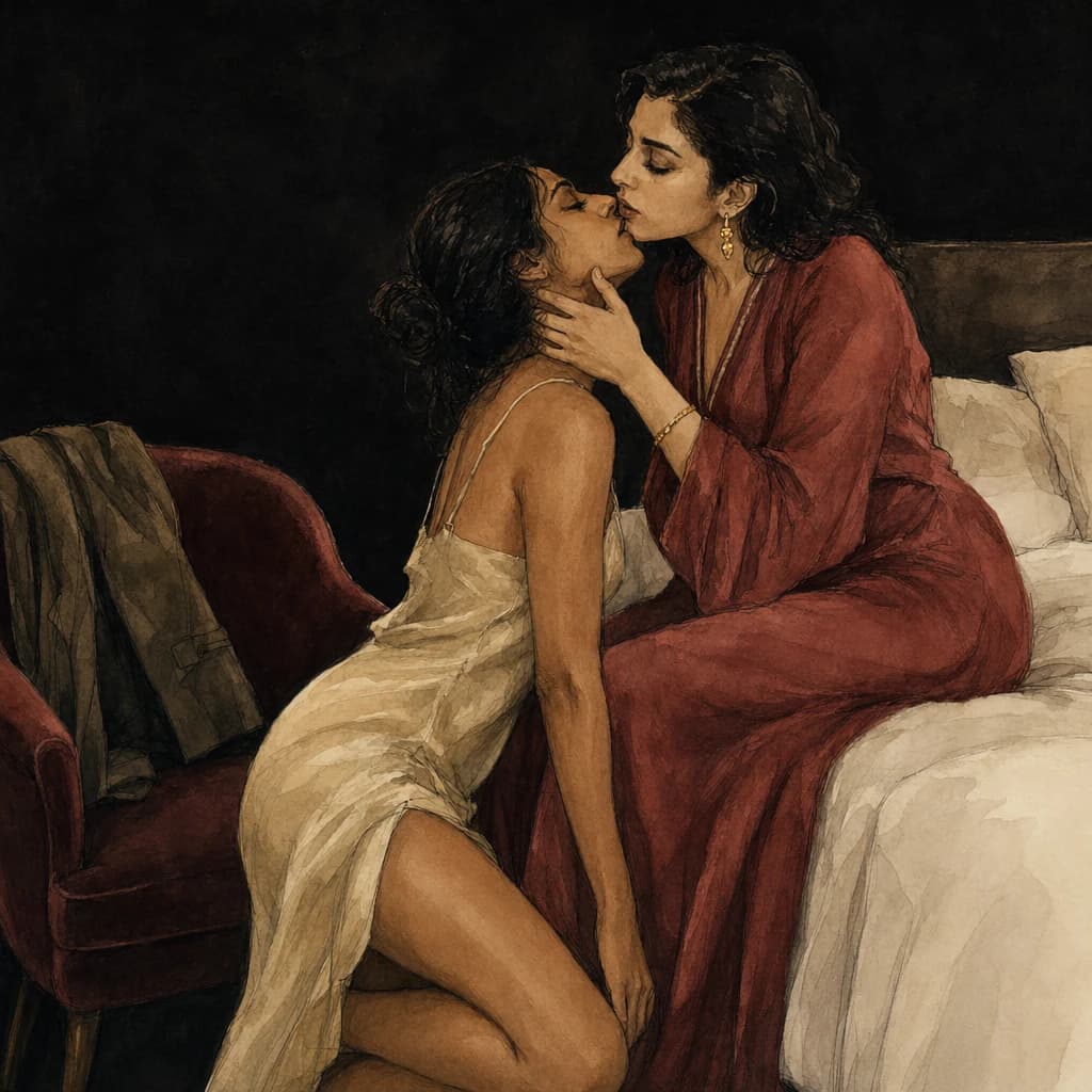 Two women kissing closely during sapphic sex, an intimate encounter between women