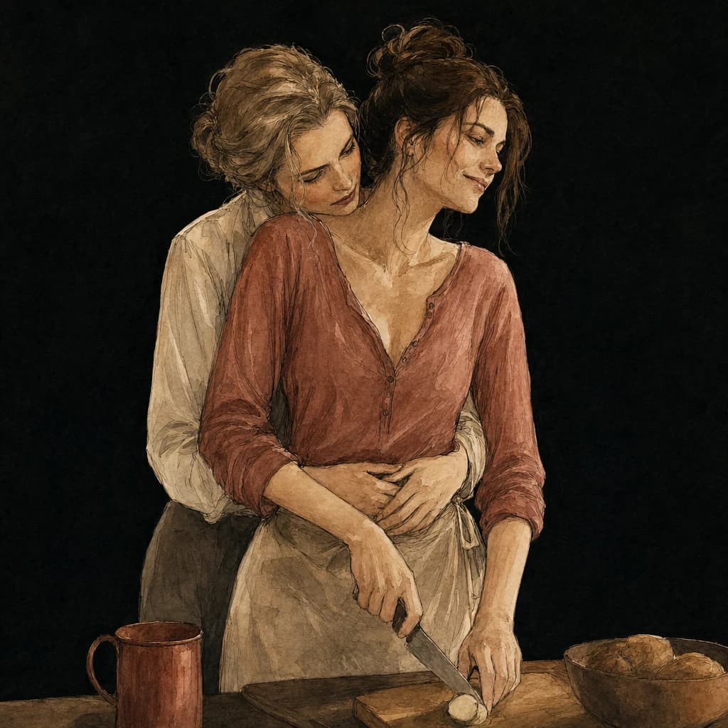 Woman hugging her partner from behind while she chops food in the kitchen