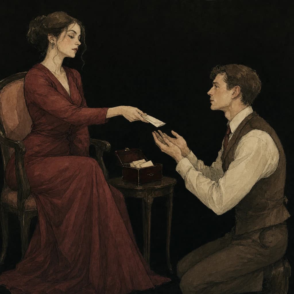Woman in a red dress handing a written task card to her kneeling partner