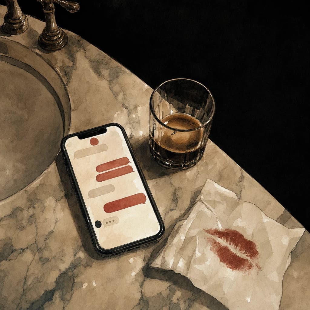 Phone showing a text message thread on a marble sink beside a lipstick kiss on a napkin
