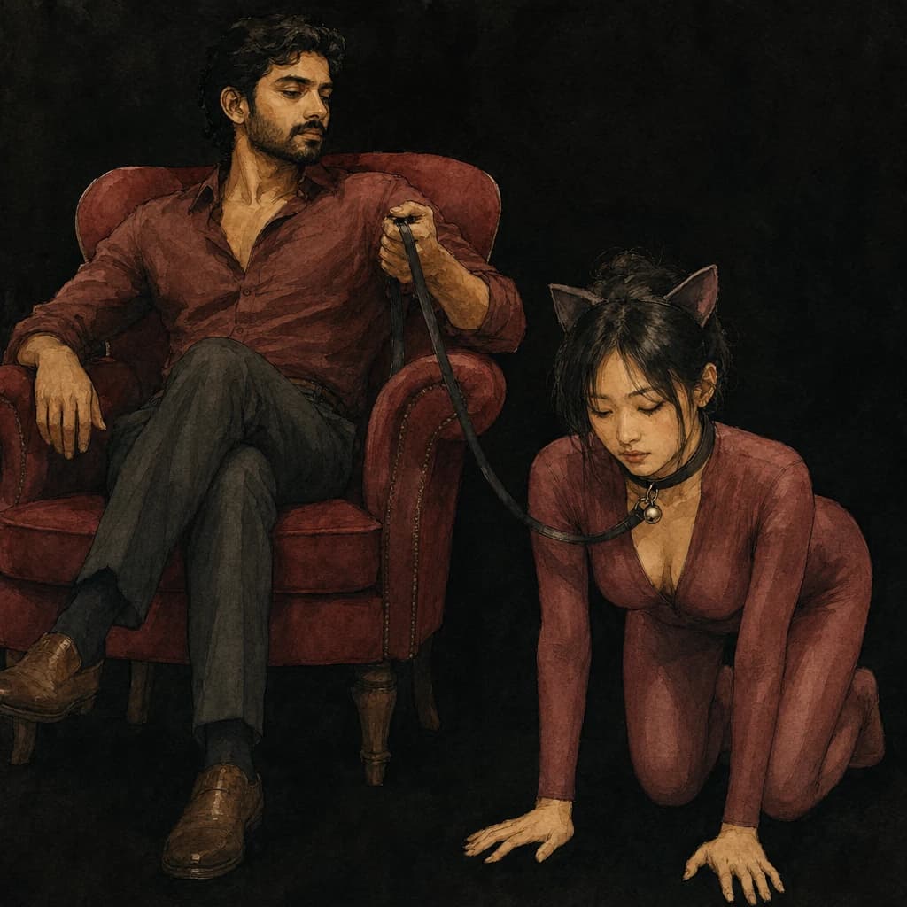 Man in an armchair holding a leash clipped to the collar of his partner, who wears cat ears and kneels on all fours