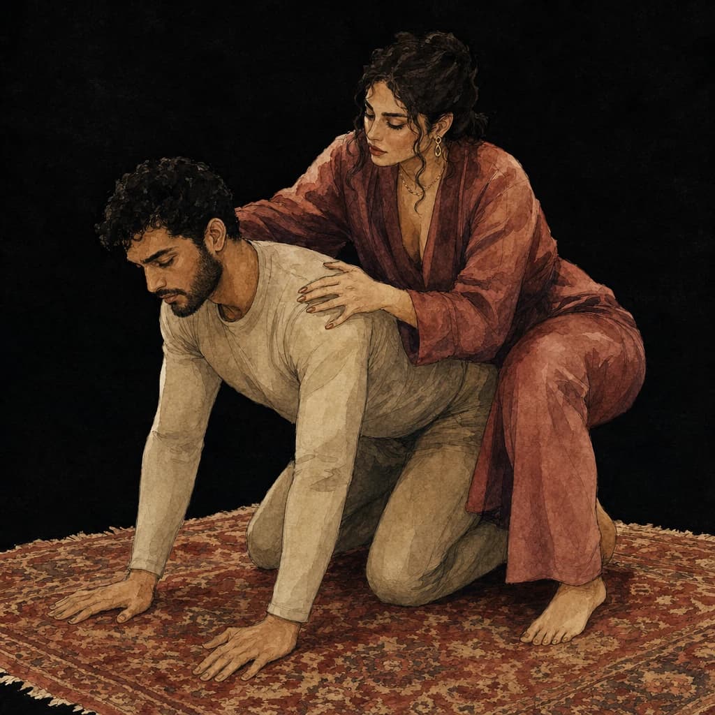 Submissive holding an all-fours position while their dominant controls the rear-entry bondage scene