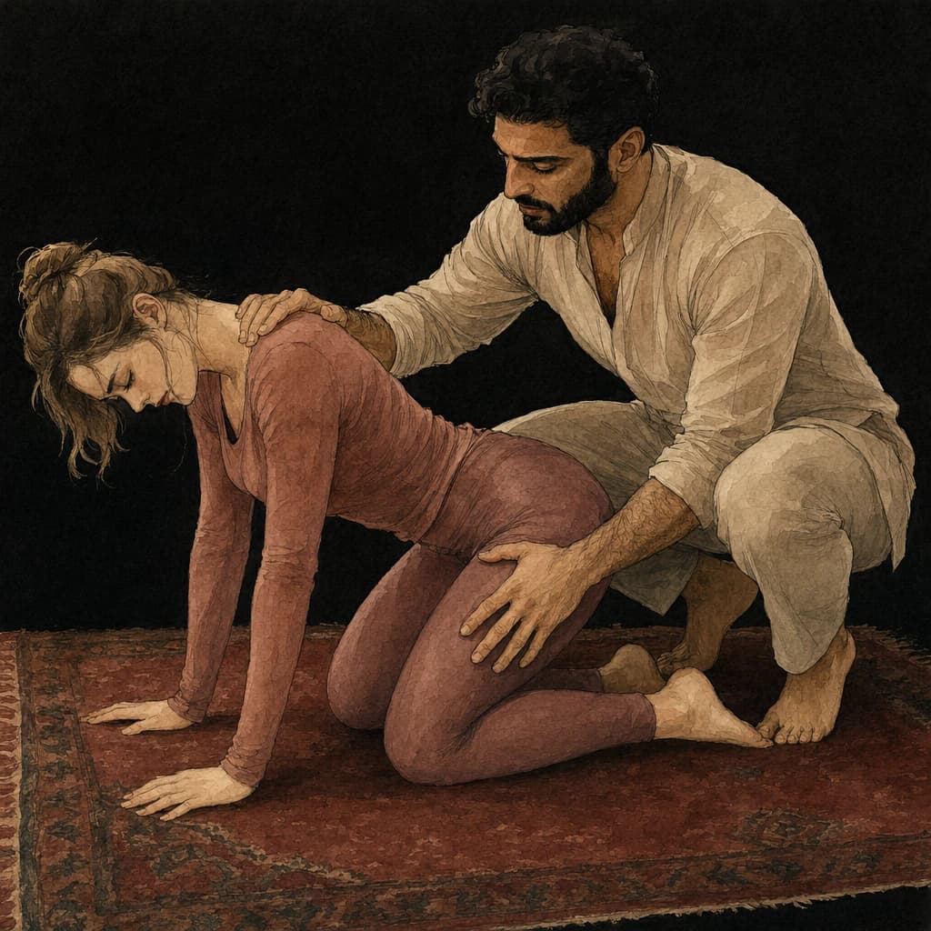 Couple demonstrating the doggy style position with the receiving partner on all fours