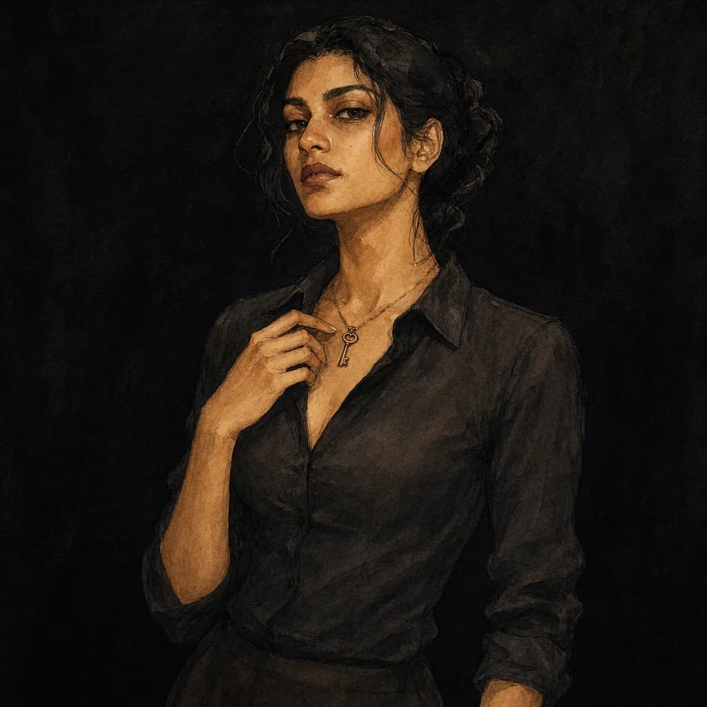 Woman in a black shirt touching a small key that hangs from her necklace