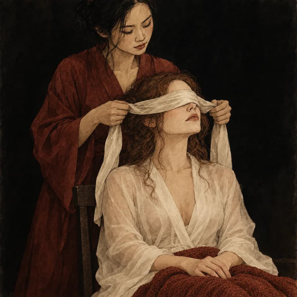 A partner blindfolded with soft silk, where every small touch lands louder once sight is gone