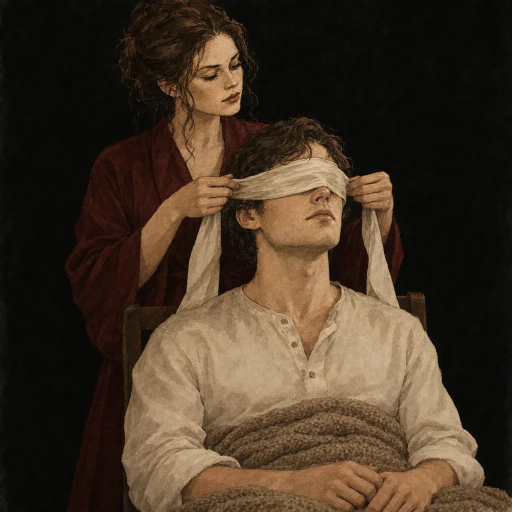 Rigger tying a silk blindfold to narrow a partner's world to pure sensation