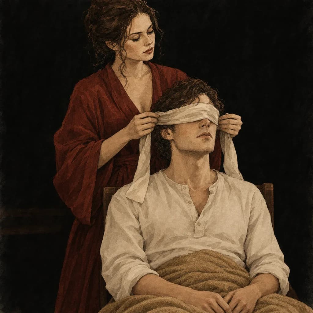 Blindfolded partner surrendering to restraint, the power-play appeal behind the Full Nelson