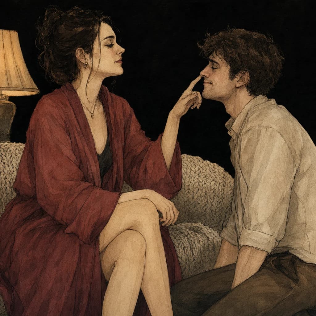 A woman and a man giggling at a playful nose boop, showing how laughter and lightness fuel playful foreplay for men