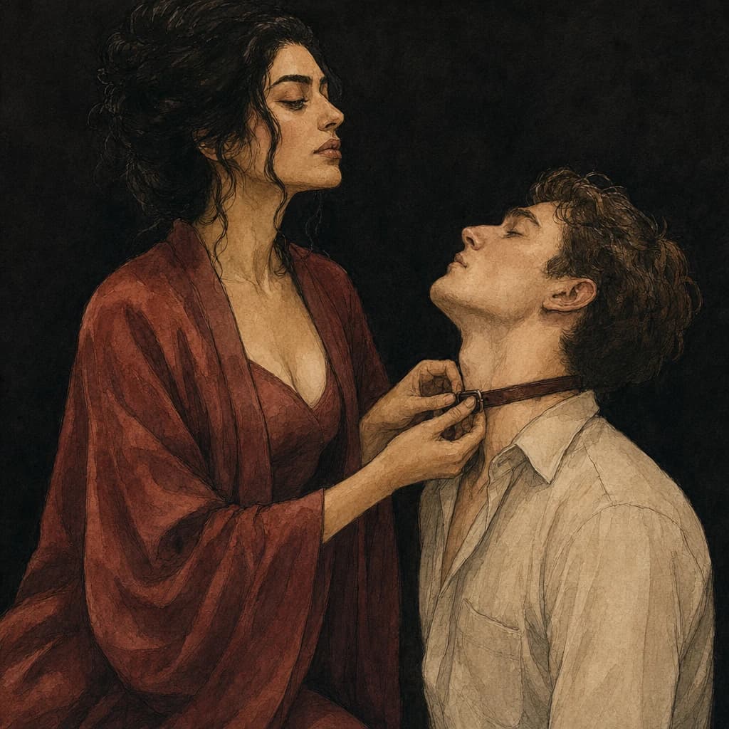 Dominant woman clipping a decorative collar onto her submissive partner to mark consensual power exchange in the bedroom